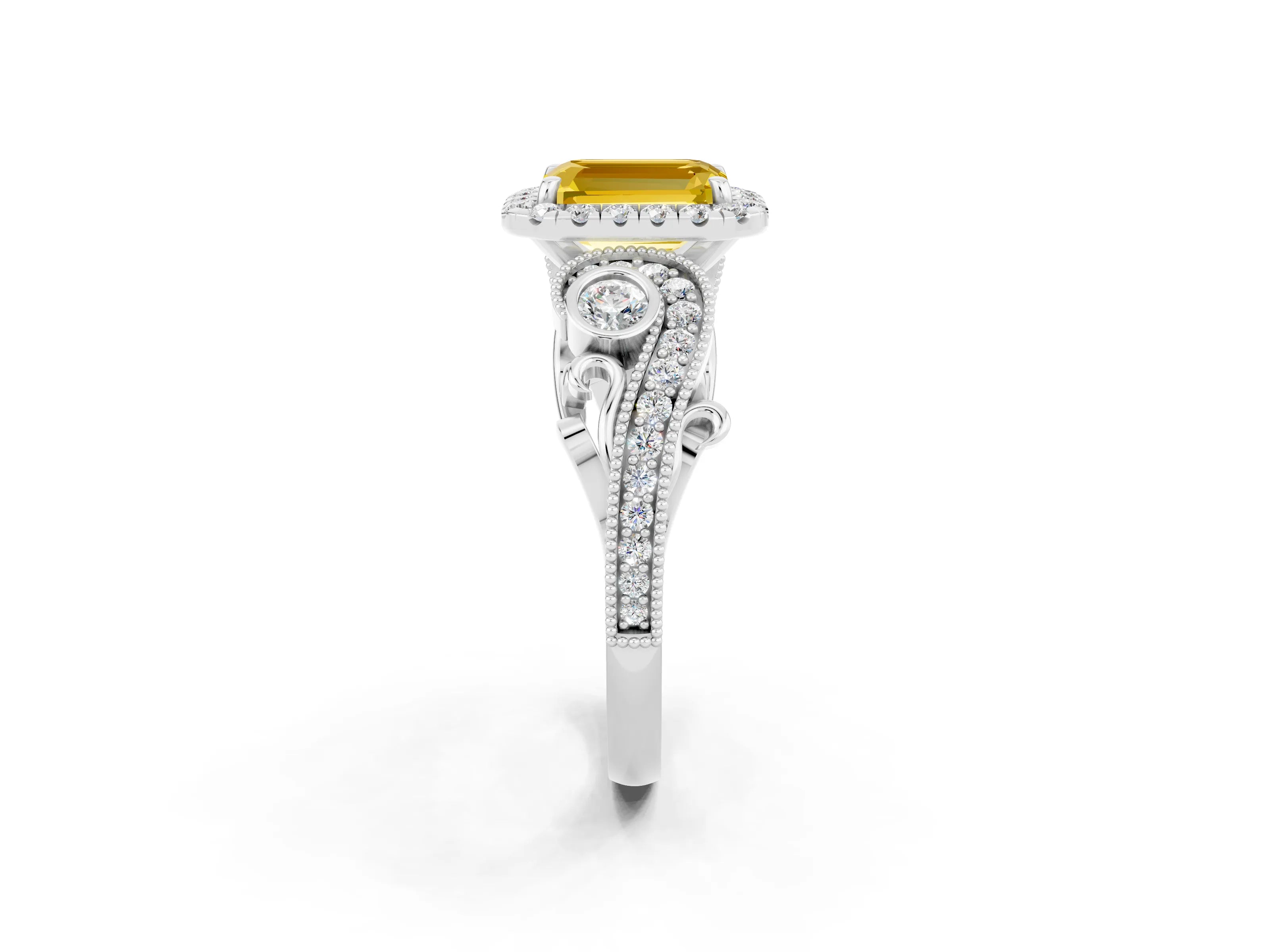White gold Emerald Cut Yellow Sapphire Halo Ring with Milgrain Pavé Band and Four-Prong Setting_14