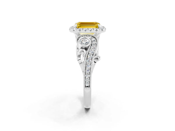 Silver Emerald Cut Yellow Sapphire Halo Ring with Milgrain Pavé Band and Four-Prong Setting
