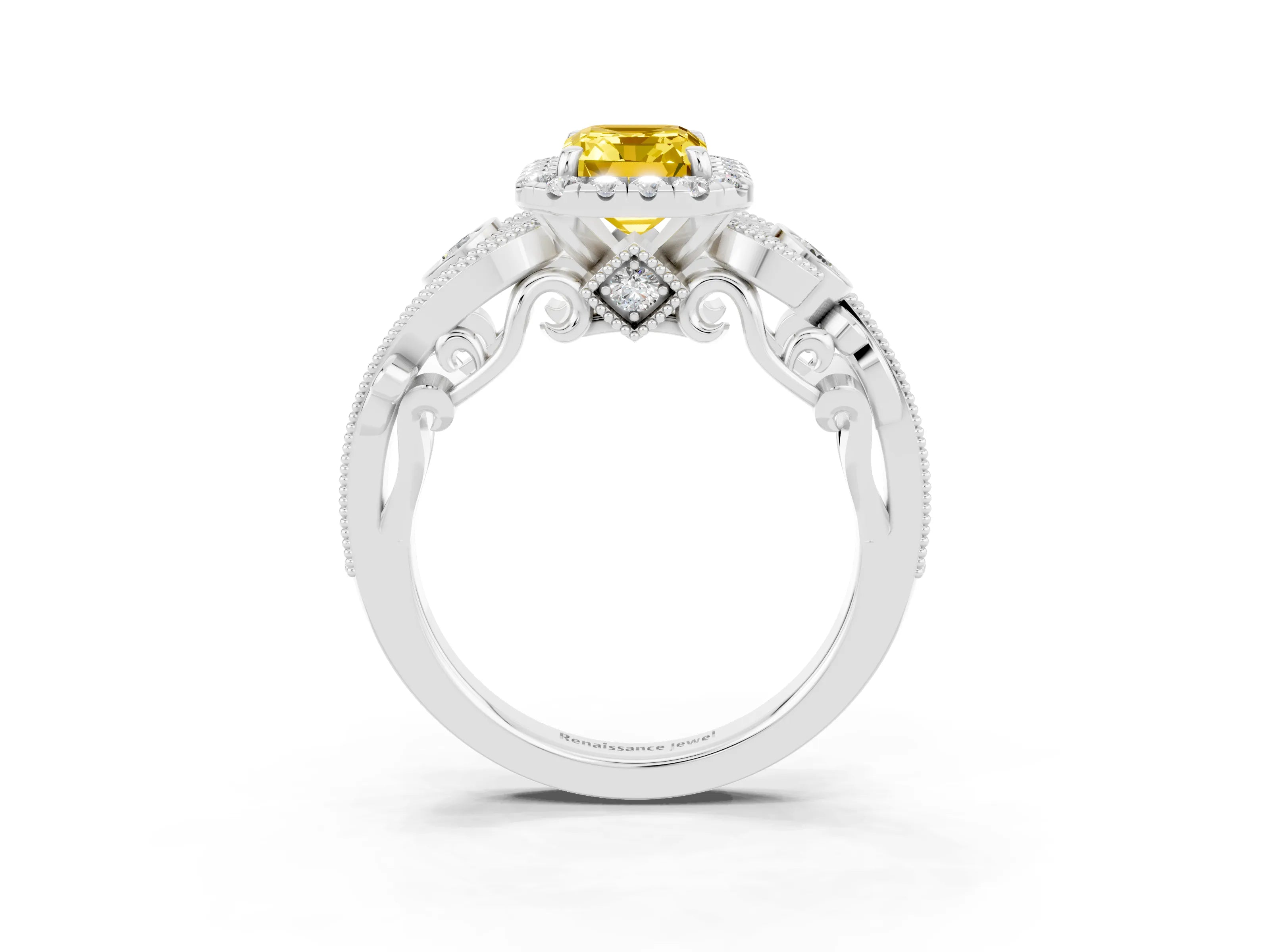 White gold Emerald Cut Yellow Sapphire Halo Ring with Milgrain Pavé Band and Four-Prong Setting_15