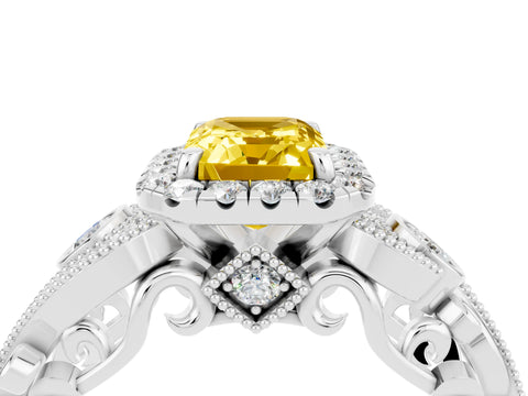 White gold Emerald Cut Yellow Sapphire Halo Ring with Milgrain Pavé Band and Four-Prong Setting_16