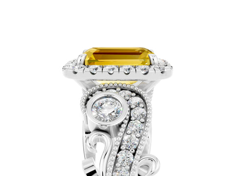 White gold Emerald Cut Yellow Sapphire Halo Ring with Milgrain Pavé Band and Four-Prong Setting_17
