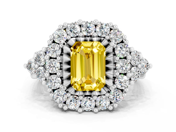 Platinum Emerald Cut Yellow Sapphire Halo Ring with Pavé Band and Four-Prong Setting
