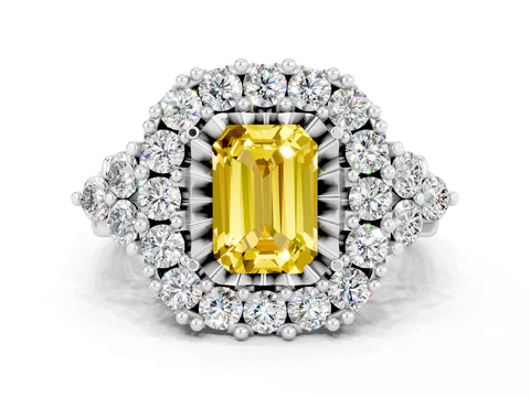 White gold Emerald Cut Yellow Sapphire Halo Ring with Pavé Band and Four-Prong Setting_12