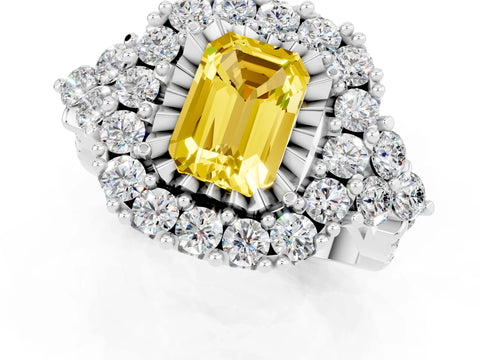 White gold Emerald Cut Yellow Sapphire Halo Ring with Pavé Band and Four-Prong Setting_13