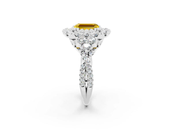 Platinum Emerald Cut Yellow Sapphire Halo Ring with Pavé Band and Four-Prong Setting