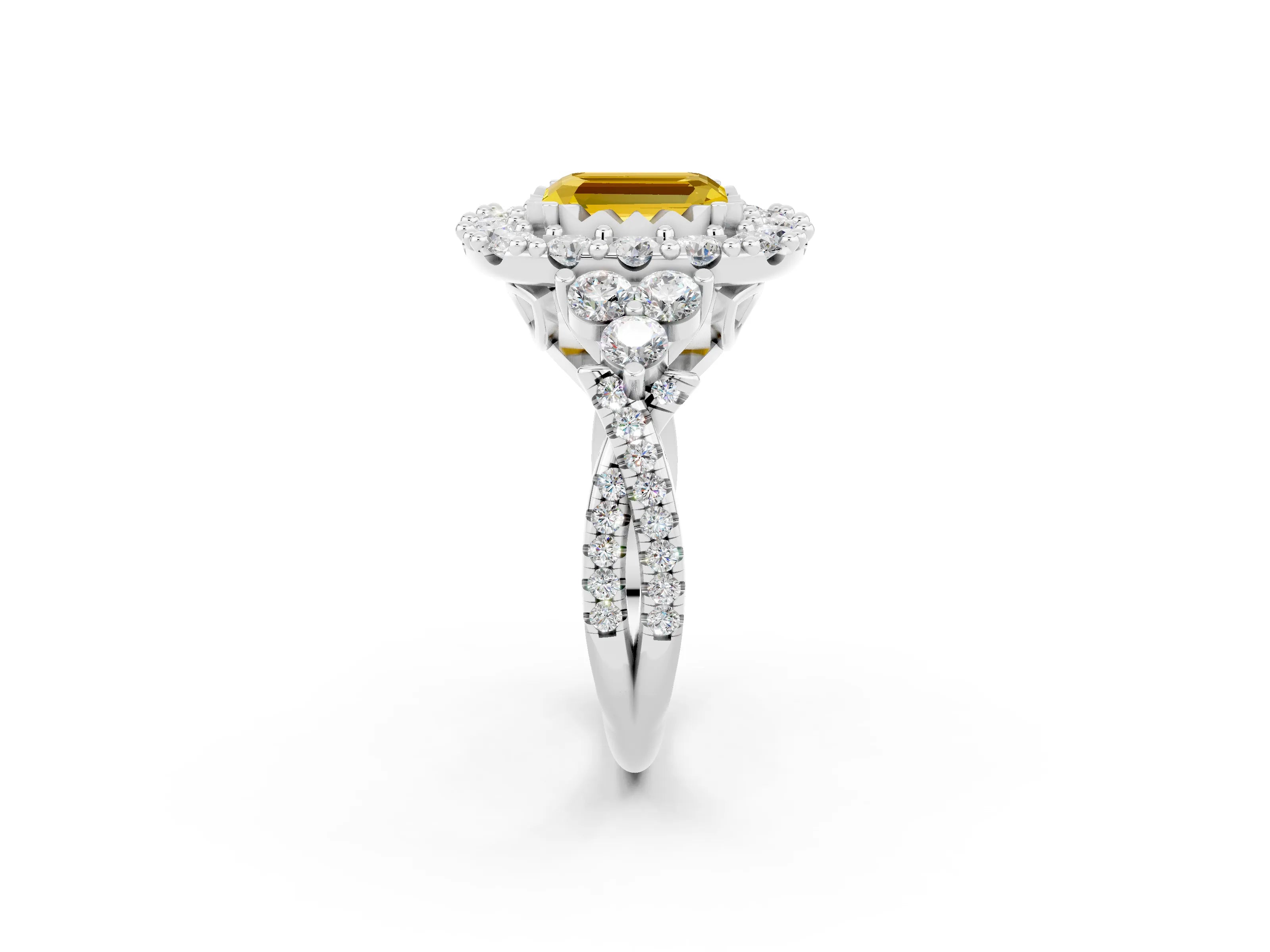 White gold Emerald Cut Yellow Sapphire Halo Ring with Pavé Band and Four-Prong Setting_14