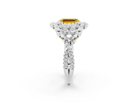White gold Emerald Cut Yellow Sapphire Halo Ring with Pavé Band and Four-Prong Setting_14