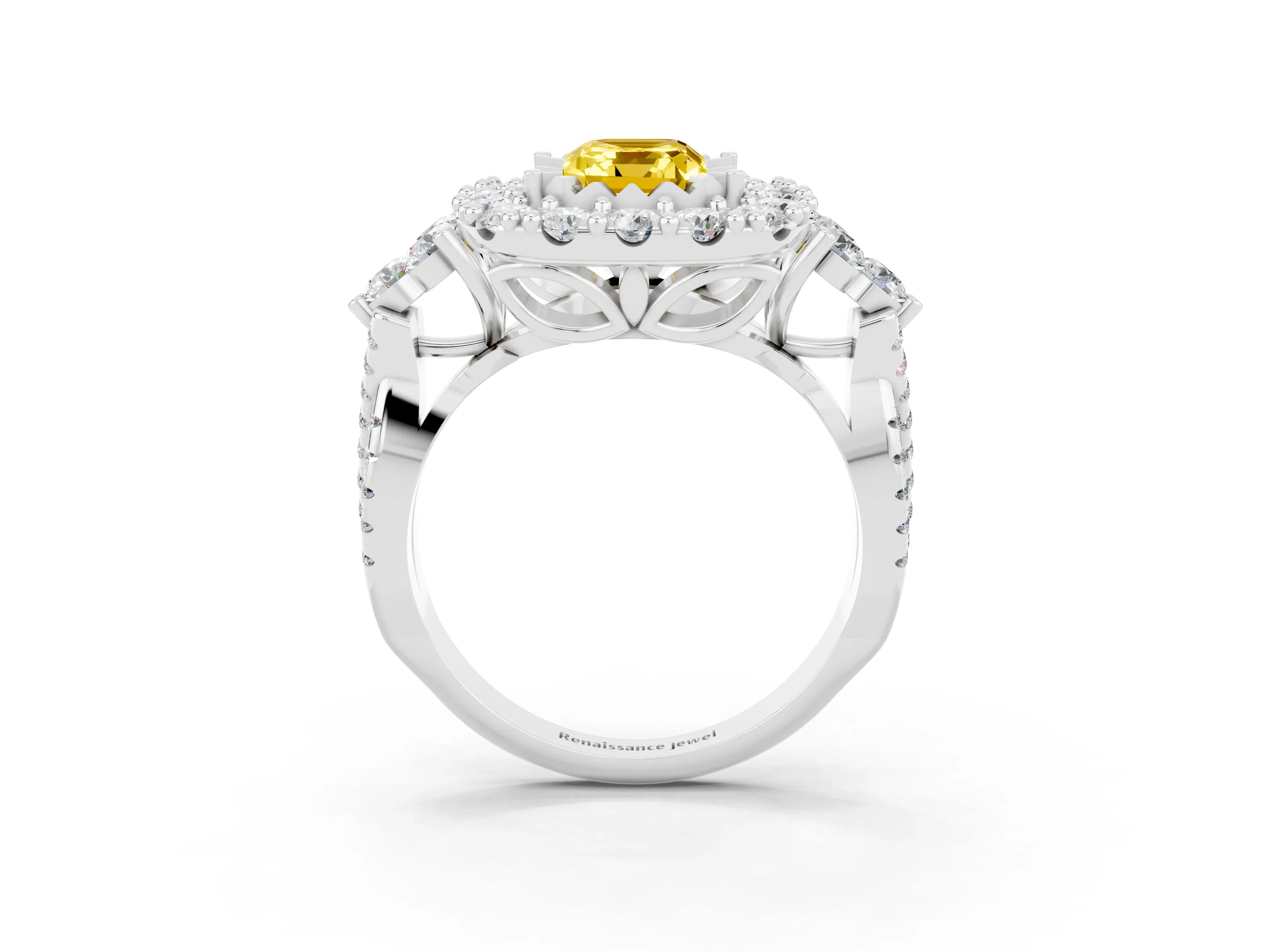 White gold Emerald Cut Yellow Sapphire Halo Ring with Pavé Band and Four-Prong Setting_15