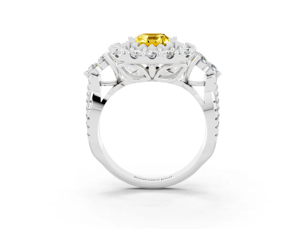 Silver Emerald Cut Yellow Sapphire Halo Ring with Pavé Band and Four-Prong Setting