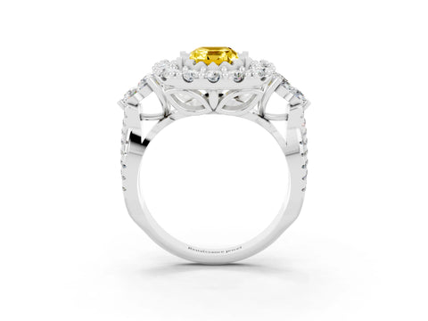 White gold Emerald Cut Yellow Sapphire Halo Ring with Pavé Band and Four-Prong Setting_15