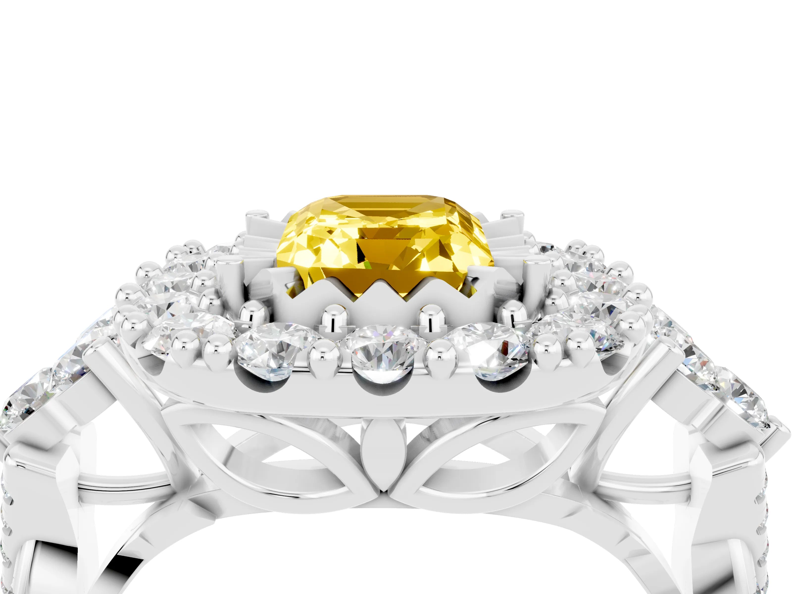White gold Emerald Cut Yellow Sapphire Halo Ring with Pavé Band and Four-Prong Setting_16