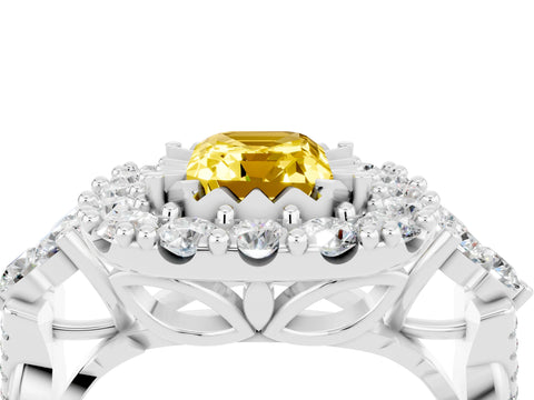 White gold Emerald Cut Yellow Sapphire Halo Ring with Pavé Band and Four-Prong Setting_16
