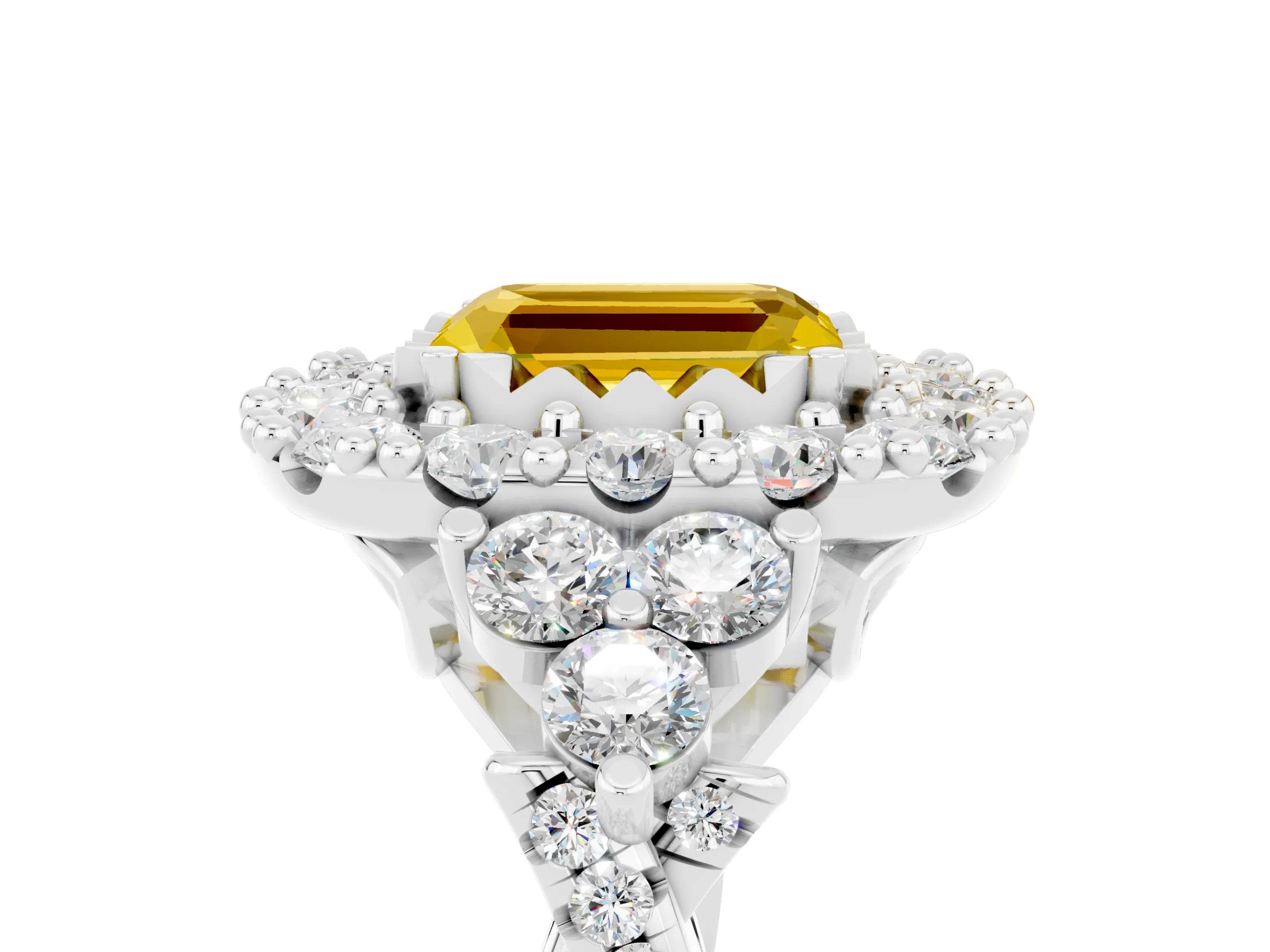 White gold Emerald Cut Yellow Sapphire Halo Ring with Pavé Band and Four-Prong Setting_17
