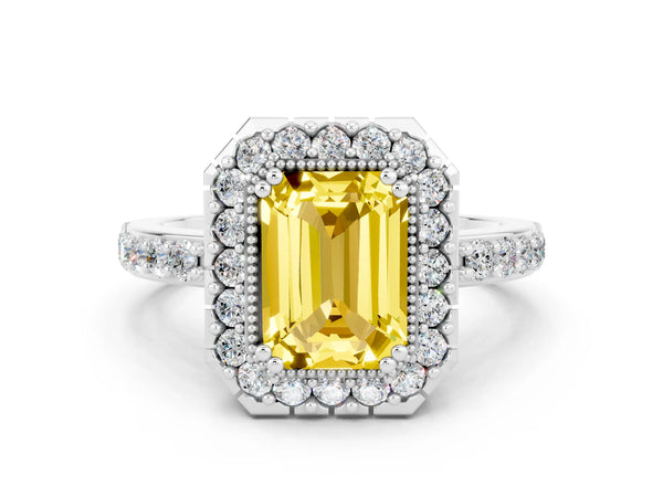 Platinum Emerald Cut Yellow Sapphire Halo Ring with Pavé Band and Prong Setting