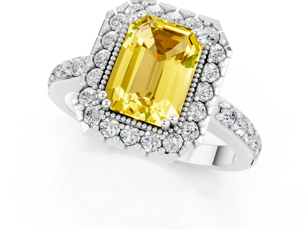 Platinum Emerald Cut Yellow Sapphire Halo Ring with Pavé Band and Prong Setting