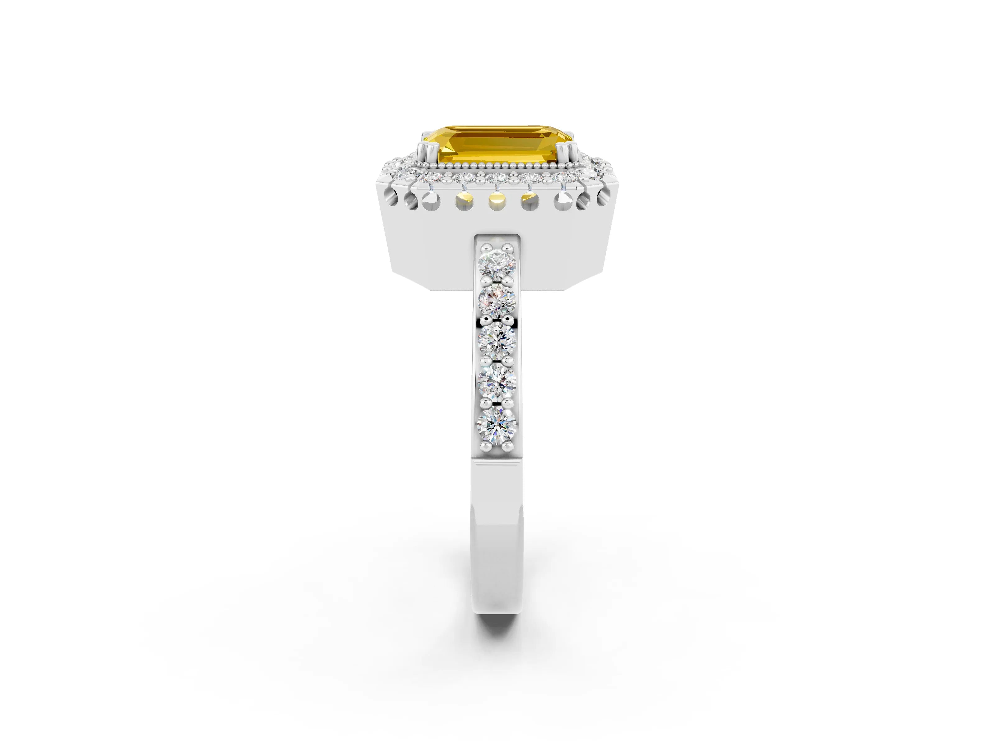 White gold Emerald Cut Yellow Sapphire Halo Ring with Pavé Band and Prong Setting_2