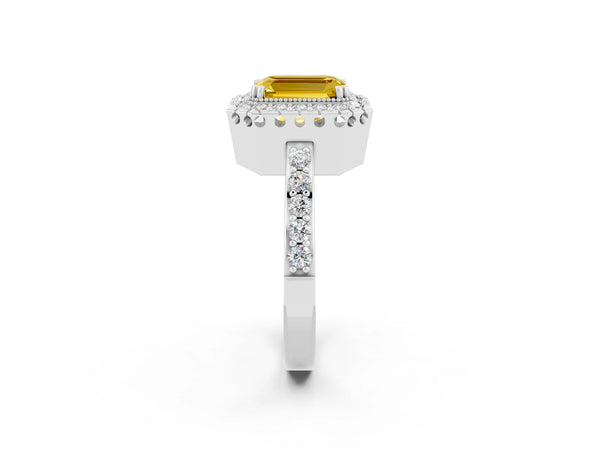 Silver Emerald Cut Yellow Sapphire Halo Ring with Pavé Band and Prong Setting