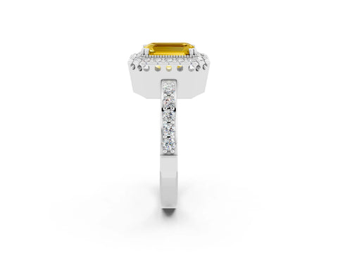 White gold Emerald Cut Yellow Sapphire Halo Ring with Pavé Band and Prong Setting_2