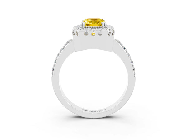 Platinum Emerald Cut Yellow Sapphire Halo Ring with Pavé Band and Prong Setting