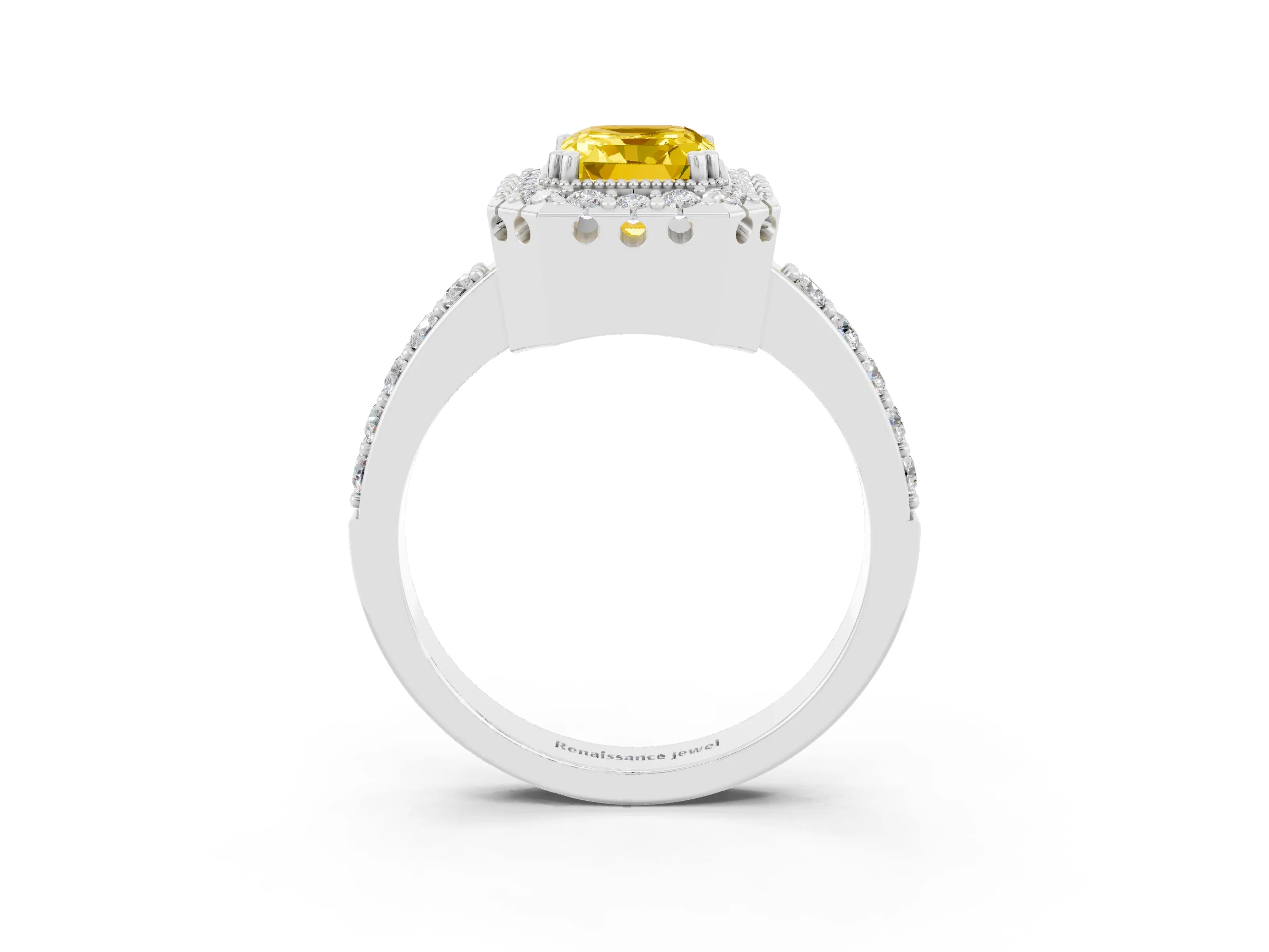 White gold Emerald Cut Yellow Sapphire Halo Ring with Pavé Band and Prong Setting_3