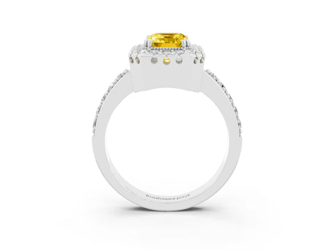 White gold Emerald Cut Yellow Sapphire Halo Ring with Pavé Band and Prong Setting_3