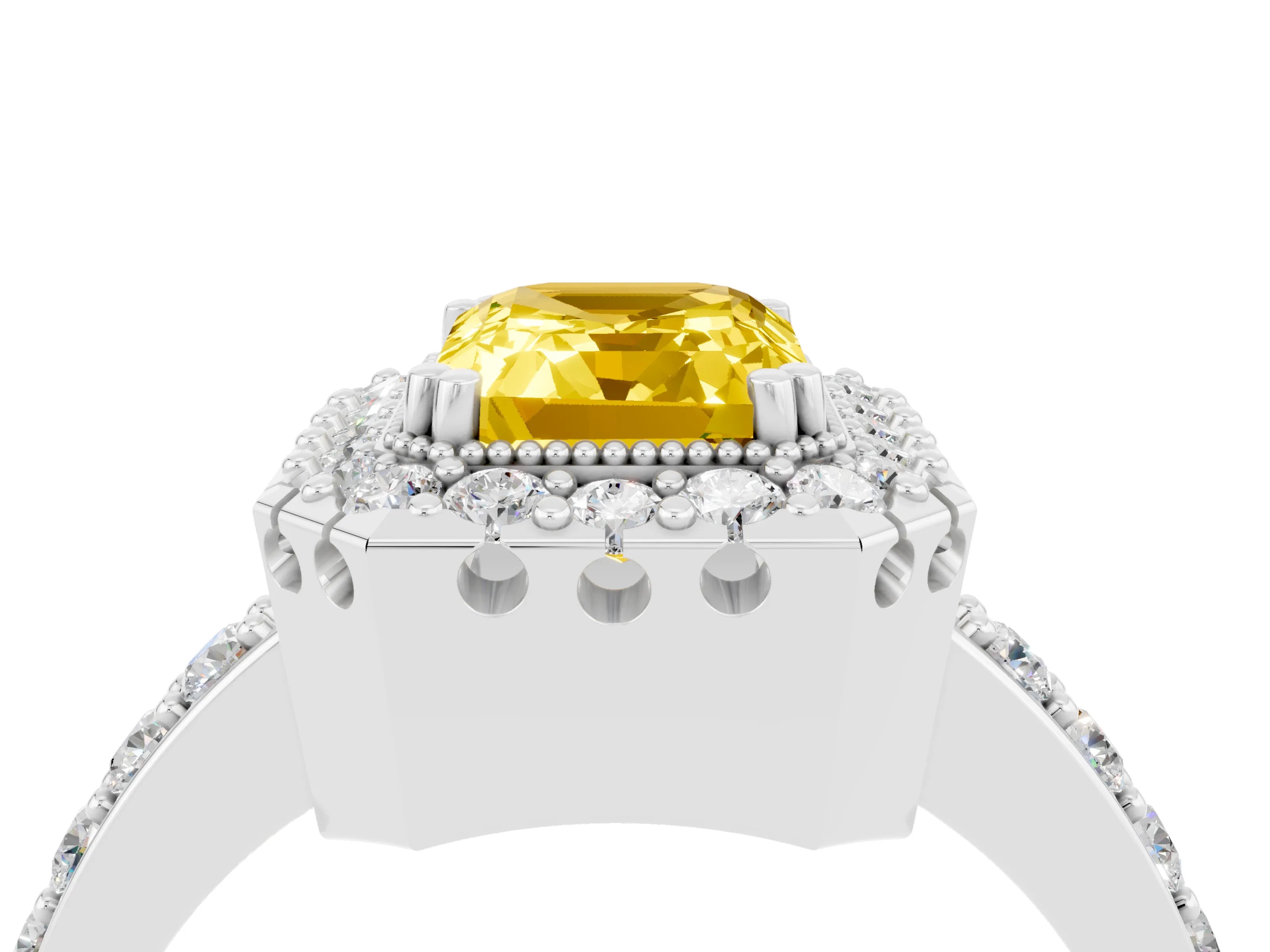 White gold Emerald Cut Yellow Sapphire Halo Ring with Pavé Band and Prong Setting_4