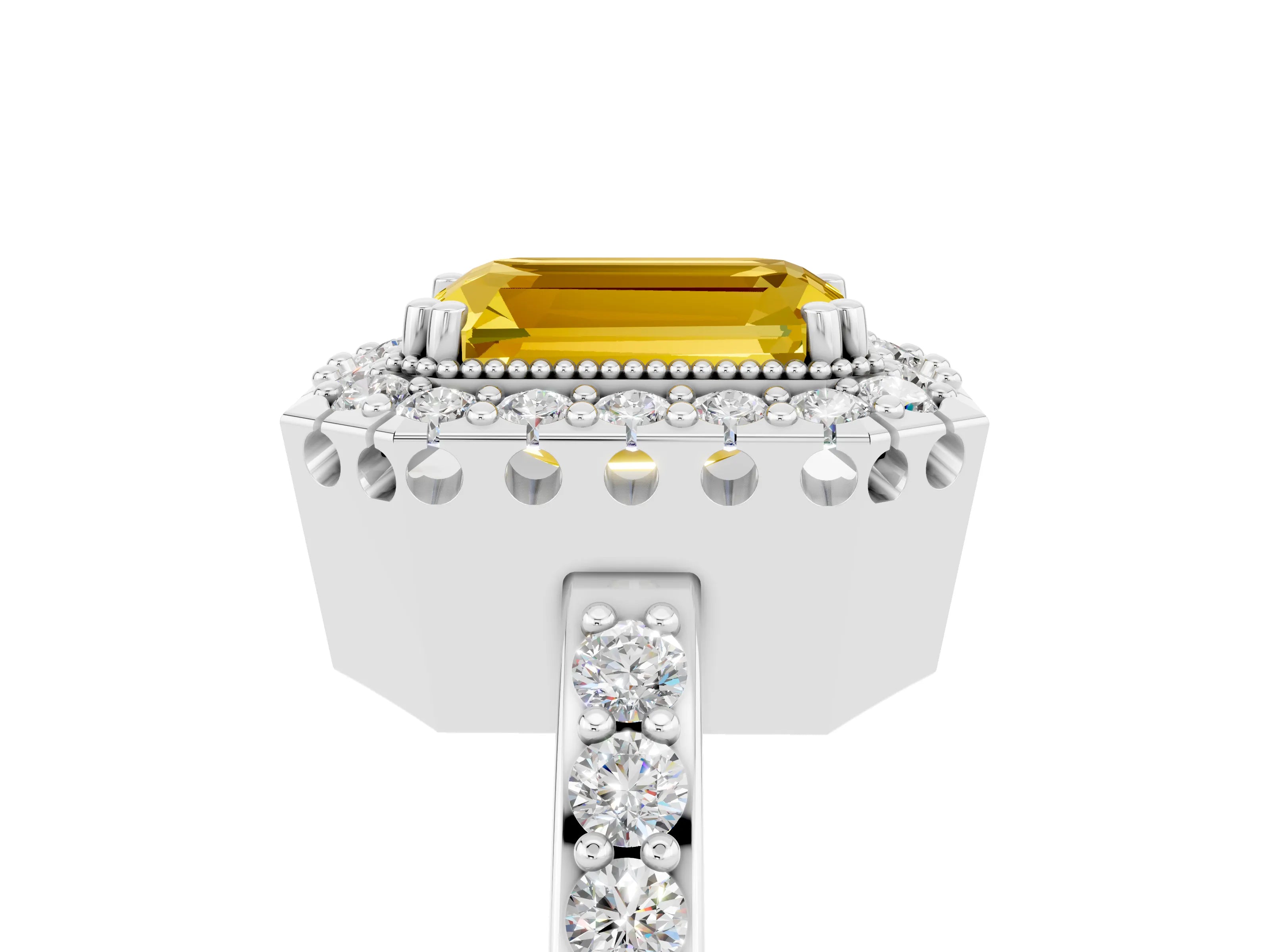 White gold Emerald Cut Yellow Sapphire Halo Ring with Pavé Band and Prong Setting_5