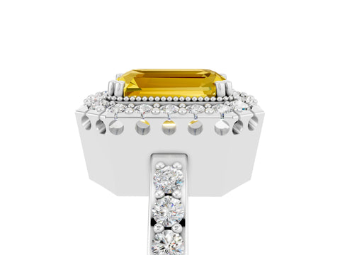 White gold Emerald Cut Yellow Sapphire Halo Ring with Pavé Band and Prong Setting_5