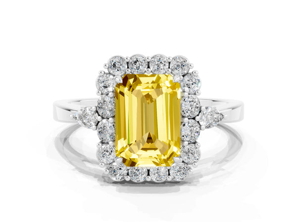 White gold Emerald Cut Yellow Sapphire Halo Ring with Pear Side Stones and Prong Setting