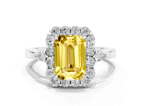 White gold Emerald Cut Yellow Sapphire Halo Ring with Pear Side Stones and Prong Setting_24