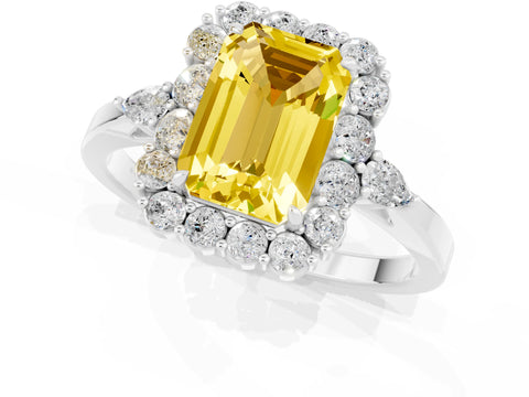 White gold Emerald Cut Yellow Sapphire Halo Ring with Pear Side Stones and Prong Setting_25