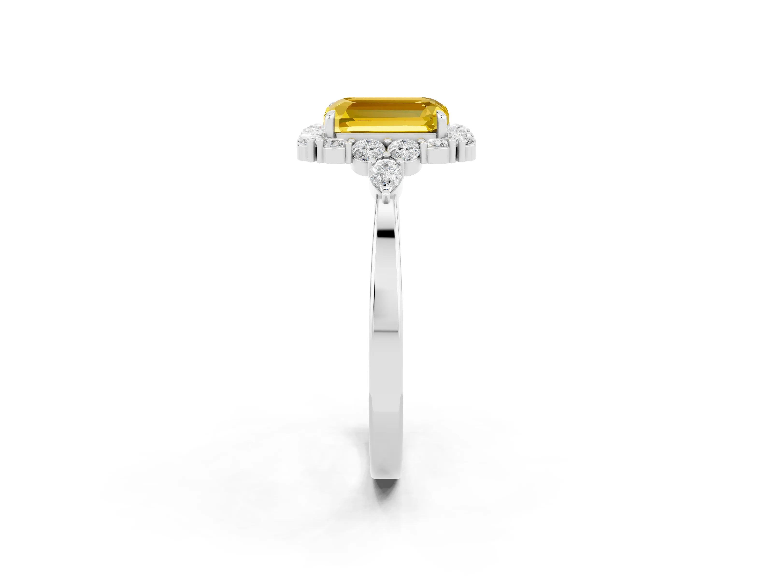 White gold Emerald Cut Yellow Sapphire Halo Ring with Pear Side Stones and Prong Setting_26