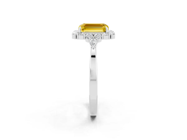 Silver Emerald Cut Yellow Sapphire Halo Ring with Pear Side Stones and Prong Setting