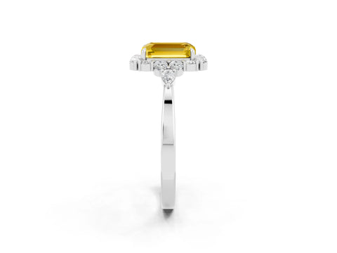 White gold Emerald Cut Yellow Sapphire Halo Ring with Pear Side Stones and Prong Setting_26