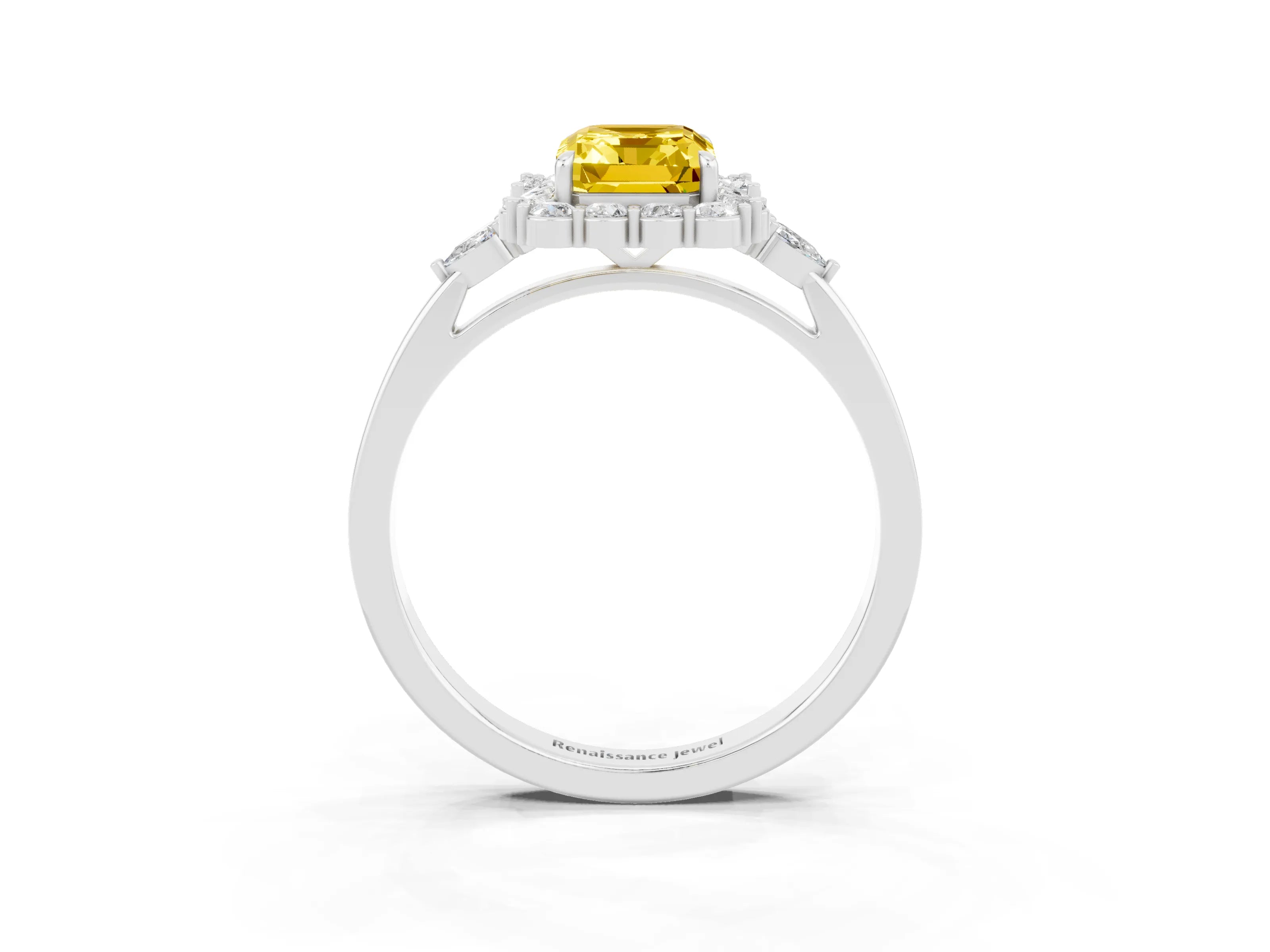 White gold Emerald Cut Yellow Sapphire Halo Ring with Pear Side Stones and Prong Setting_27