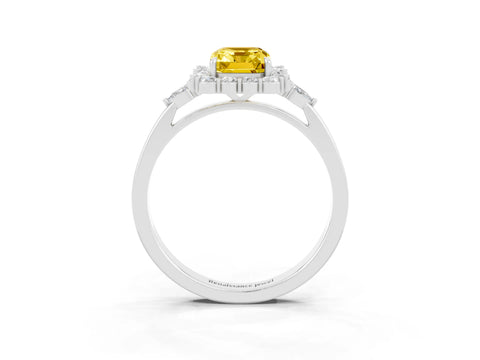 White gold Emerald Cut Yellow Sapphire Halo Ring with Pear Side Stones and Prong Setting_27