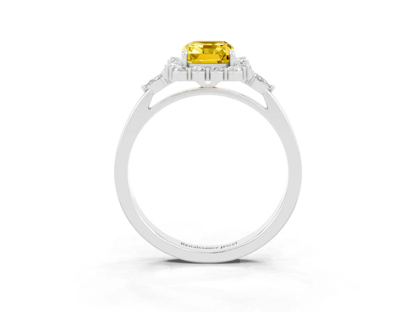 Silver Emerald Cut Yellow Sapphire Halo Ring with Pear Side Stones and Prong Setting