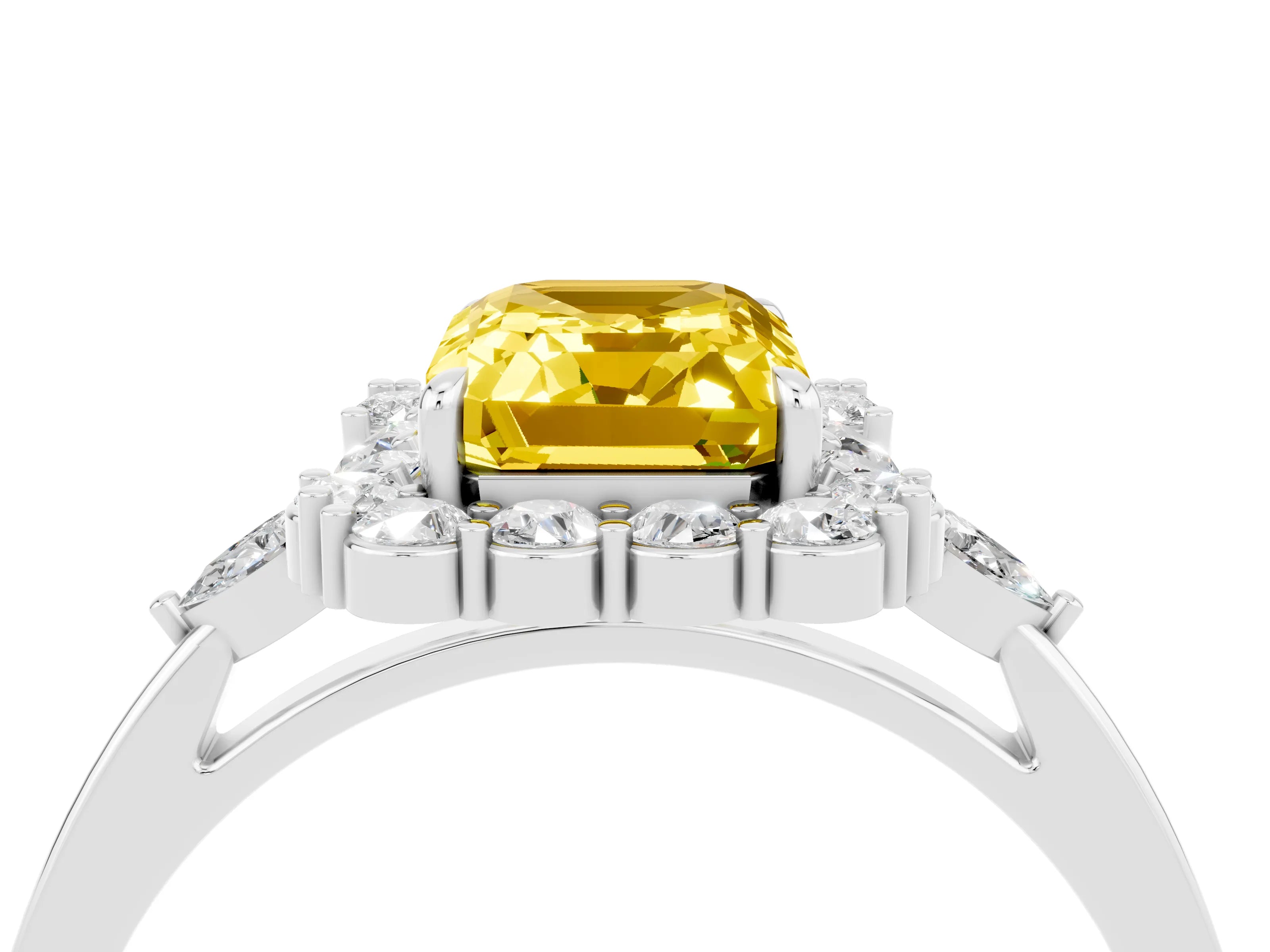 White gold Emerald Cut Yellow Sapphire Halo Ring with Pear Side Stones and Prong Setting_28