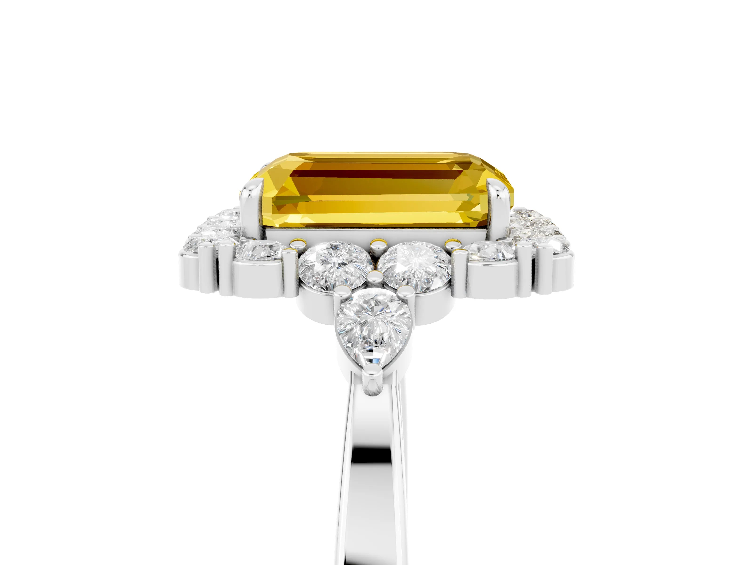 White gold Emerald Cut Yellow Sapphire Halo Ring with Pear Side Stones and Prong Setting_29