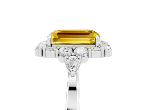 White gold Emerald Cut Yellow Sapphire Halo Ring with Pear Side Stones and Prong Setting_29