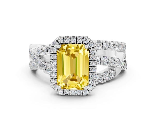 Silver Emerald Cut Yellow Sapphire Halo Ring with Round Split Shank and Prong Setting