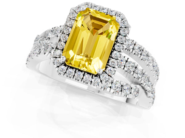 Platinum Emerald Cut Yellow Sapphire Halo Ring with Round Split Shank and Prong Setting