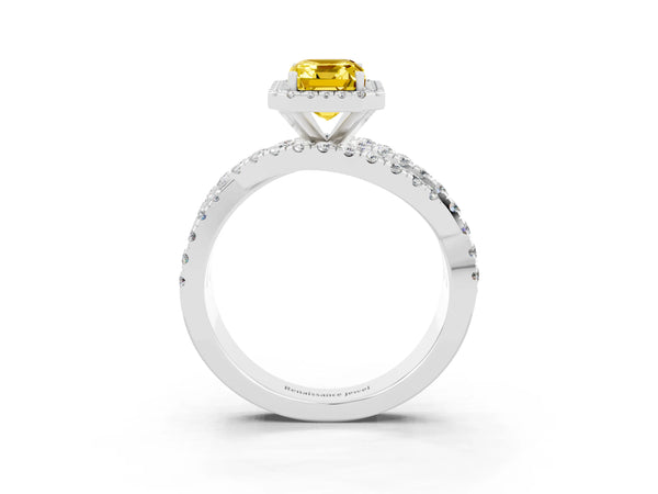 Platinum Emerald Cut Yellow Sapphire Halo Ring with Round Split Shank and Prong Setting