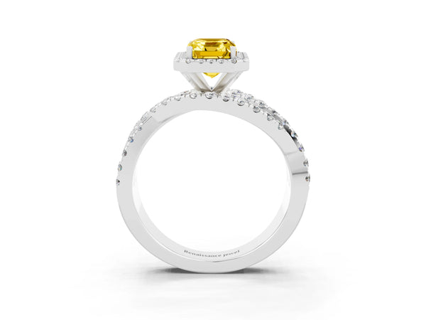 White gold Emerald Cut Yellow Sapphire Halo Ring with Round Split Shank and Prong Setting
