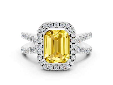 White gold Emerald Cut Yellow Sapphire Halo Ring with Split Shank Pavé Band and Prong Setting_12