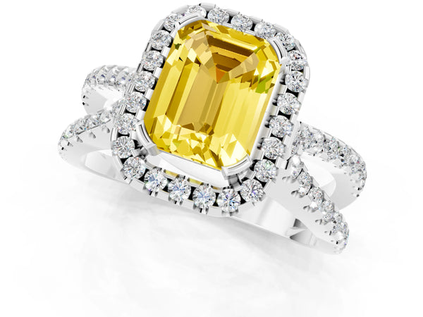 Silver Emerald Cut Yellow Sapphire Halo Ring with Split Shank Pavé Band and Prong Setting