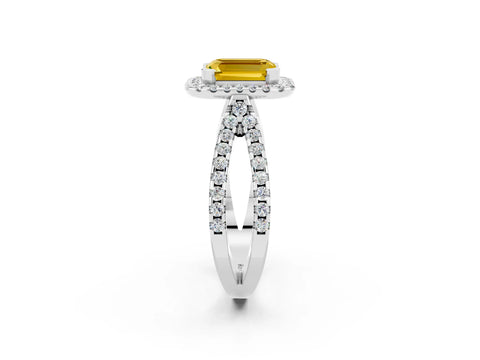 White gold Emerald Cut Yellow Sapphire Halo Ring with Split Shank Pavé Band and Prong Setting_14