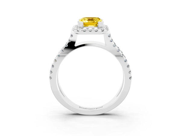 White gold Emerald Cut Yellow Sapphire Halo Ring with Split Shank Pavé Band and Prong Setting