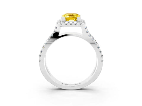 White gold Emerald Cut Yellow Sapphire Halo Ring with Split Shank Pavé Band and Prong Setting_15
