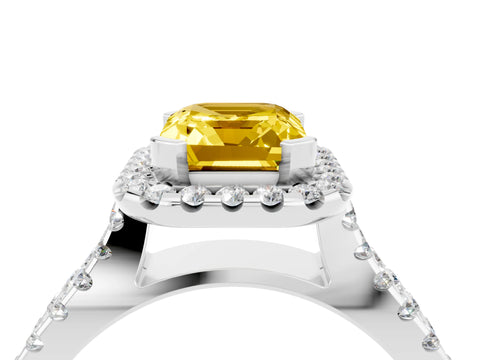 White gold Emerald Cut Yellow Sapphire Halo Ring with Split Shank Pavé Band and Prong Setting_16